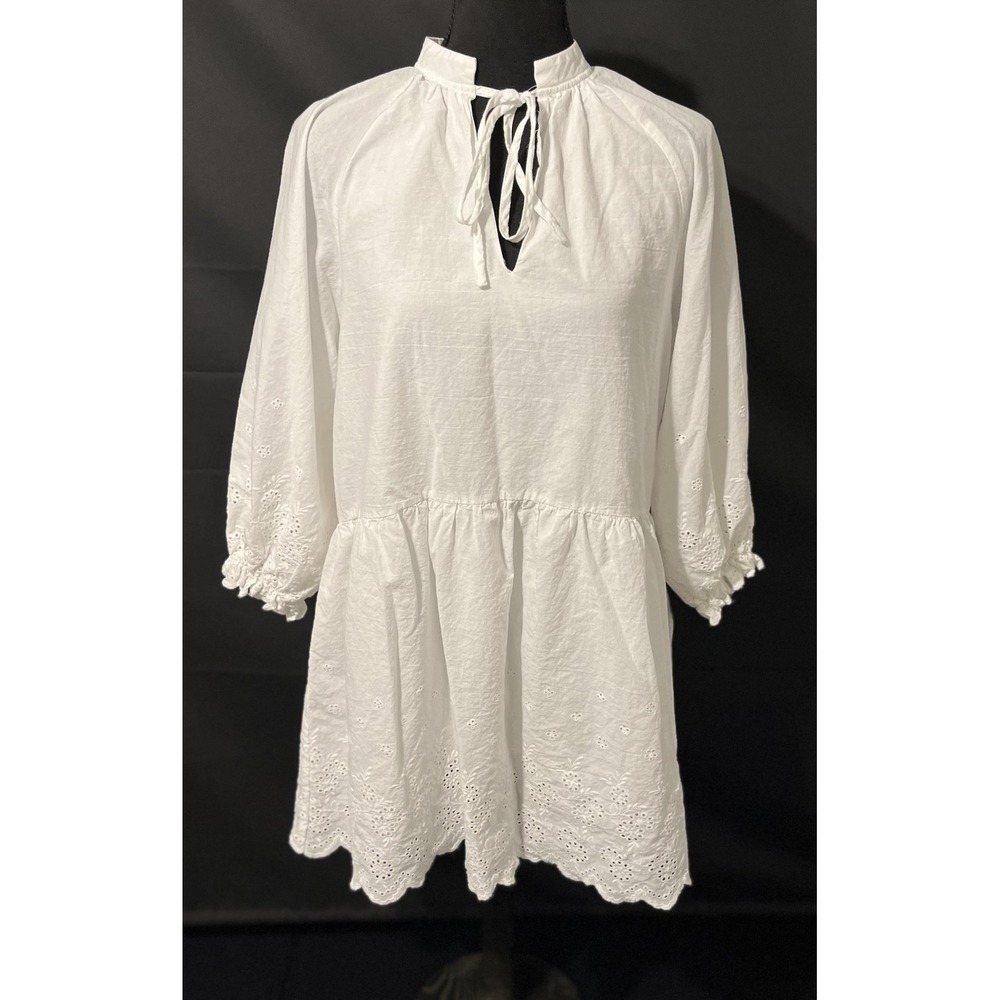 Hudson Gray Dress Womens Medium White Eyelet Tunic Lined Cotton Boho Tie Neck